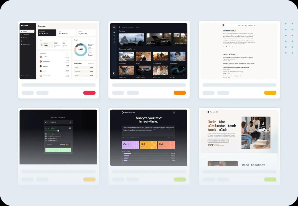 Design mockups of several projects, including a dashboard, a landing page, and a web app.