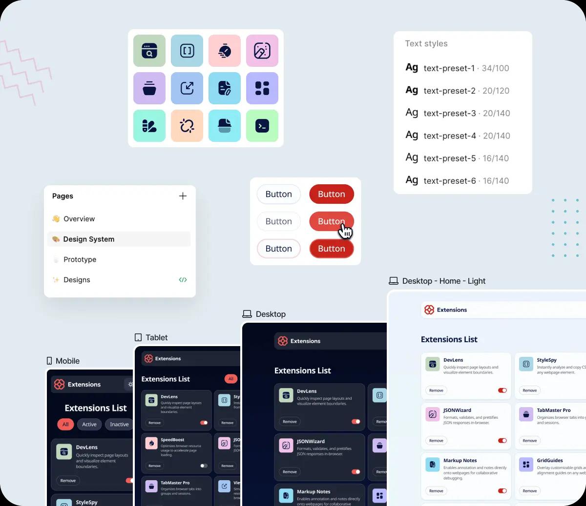 Design mockup of project in mobile, tablet, and desktop layouts, with light/dark theme and type system