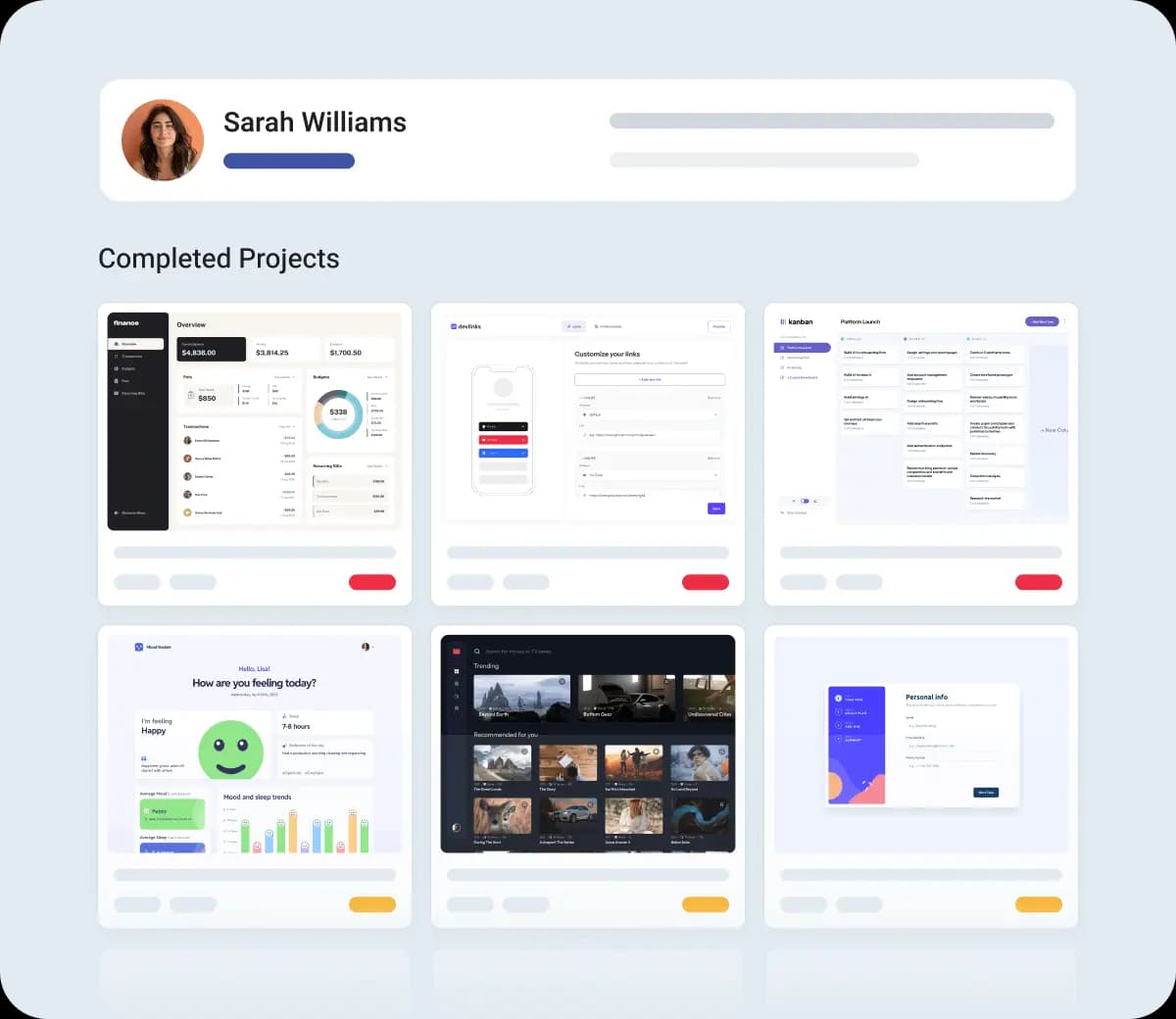 Design mockups of several projects, including a dashboard, a landing page, and a web app.
